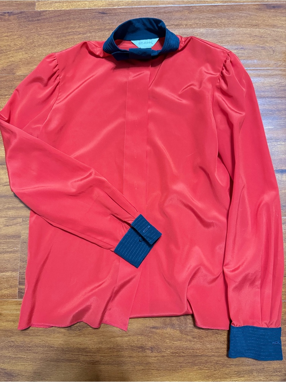 St. John Red Blouse with Navy Collar
